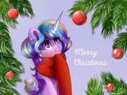 Size: 2048x1536 | Tagged: safe, artist:lazybread, izzy moonbow, pony, unicorn, g5, christmas, clothes, female, gradient background, holiday, mare, ornaments, scarf, solo