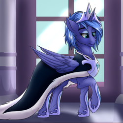 Size: 1000x1000 | Tagged: safe, artist:crimsonwolf360, princess luna, alicorn, pony, g4, blue hair, cape, clothes, crown, female, indoors, jewelry, mare, raised hoof, regalia, solo, wings