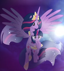 Size: 1736x1928 | Tagged: safe, artist:diniarvegafinahar, twilight sparkle, alicorn, pony, g4, the last problem, crown, crying, ethereal mane, female, floppy ears, flying, holding a pony, jewelry, mare, older, older twilight, older twilight sparkle (alicorn), princess twilight 2.0, regalia, sad, self paradox, self ponidox, spread wings, stars, teary eyes, twilight sparkle (alicorn), wings