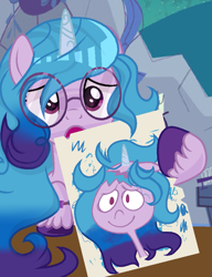 Size: 741x965 | Tagged: safe, artist:diniarvegafinahar, izzy moonbow, pony, unicorn, g4, g5, bracelet, caricature, drawing, female, g5 to g4, generation leap, glasses, holding, implied bullying, jewelry, looking at you, mare, open mouth, solo, unshorn fetlocks