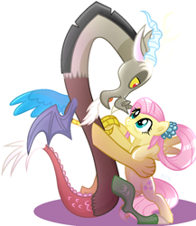 Size: 884x1020 | Tagged: safe, artist:diniarvegafinahar, discord, fluttershy, draconequus, pegasus, pony, g4, the last problem, dancing, duo, female, flower, flower in hair, horns, interspecies, lidded eyes, looking at you, male, mare, older, older fluttershy, shadow, ship:discoshy, shipping, simple background, straight, white background, wings