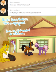 Size: 500x640 | Tagged: safe, artist:foxfaces-world, oc, oc only, oc:boss hoss, oc:full force, oc:pill popper, pony, unicorn, ask, collar, jewelry, male, necklace, nudity, pubic fluff, railroad, sheath, stallion, tumblr