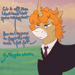 Size: 500x500 | Tagged: safe, artist:foxfaces-world, oc, oc only, oc:foxface, pony, unicorn, clothes, curved horn, horn, male, necktie, offscreen character, solo, stallion, suit