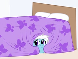 Size: 2521x1911 | Tagged: safe, artist:feather_bloom, oc, oc only, oc:feather bloom(fb), oc:feather_bloom, pony, april fools, bed, bedroom, blanket, detailed background, hiding, pillow, scared, solo, under the bed