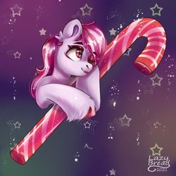 Size: 2048x2048 | Tagged: safe, artist:lazybread, sugar moonlight, earth pony, pony, g5, abstract background, candy, candy cane, eyeshadow, female, food, high res, lipstick, makeup, mare, solo