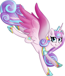 Size: 1316x1538 | Tagged: safe, artist:schattenspielrex, princess flurry heart, alicorn, pony, g4, colored wings, concave belly, crown, crystal, female, gradient wings, grin, hoof shoes, jewelry, looking at you, mare, older, older flurry heart, peytral, princess shoes, regalia, slender, smiling, solo, spread wings, teeth, thin, wings