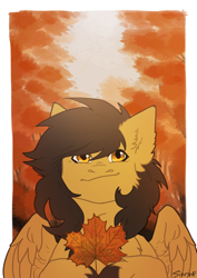 Size: 2480x3508 | Tagged: safe, artist:sinrinf, oc, oc:crisom chin, pegasus, pony, autumn, chest fluff, commission, ear fluff, high res, hoof fluff, leaf, maple tree, orange background, simple background, smiling, solo, spread wings, tree, wings, ych result