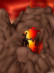 Size: 2484x3330 | Tagged: safe, artist:thebenalpha, oc, oc:molten heat, high res, ryoku verse, volcano, volcano background