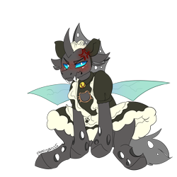 Size: 2000x2000 | Tagged: safe, artist:frazy, oc, oc only, oc:closed case, changeling, bell, bell collar, changeling oc, clothes, collar, commission, hat, high res, irritated, maid, male, simple background