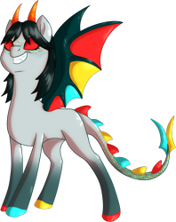 Size: 1485x1875 | Tagged: safe, artist:schattenspielrex, dracony, dragon, hybrid, pony, coat markings, colored hooves, colored wings, female, homestuck, horns, mare, ponified, red eyes, sharp teeth, smiling, socks (coat markings), solo, teeth, terezi pyrope, wings