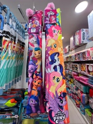 Size: 4032x3024 | Tagged: safe, applejack, fluttershy, hitch trailblazer, izzy moonbow, pinkie pie, pipp petals, queen haven, rainbow dash, rarity, sunny starscout, twilight sparkle, zipp storm, alicorn, earth pony, pegasus, pony, unicorn, g4, g5, female, high res, male, mane five, mane six, mane stripe sunny, mare, merchandise, photo, stallion, twilight sparkle (alicorn), umbrella