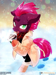 Size: 900x1200 | Tagged: safe, artist:phoenixperegrine, tempest shadow, pony, unicorn, semi-anthro, g4, arm hooves, blushing, broken horn, clothes, drink, female, hoofprints, horn, looking at you, mare, scarf, snow, snowfall, solo, trenchcoat