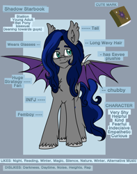 Size: 3230x4097 | Tagged: safe, artist:dreamy990, oc, oc:shadow starbook, bat pony, pony, femboy, glasses, male, reference sheet, unshorn fetlocks