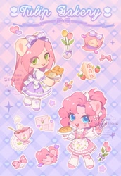 Size: 1299x1890 | Tagged: safe, artist:xieyanbbb, fluttershy, pinkie pie, earth pony, pegasus, semi-anthro, g4, alternate hairstyle, apron, arm hooves, bow, bread, chibi, clothes, cute, dessert, diapinkes, dress, female, food, hair bow, looking at you, mare, puffy sleeves, shyabetes, smiling, tea, waitress