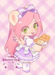 Size: 688x933 | Tagged: safe, artist:xieyanbbb, fluttershy, pegasus, semi-anthro, g4, alternate hairstyle, apron, arm hooves, bow, bread, chibi, clothes, cute, dress, female, food, hair bow, looking at you, mare, puffy sleeves, sandwich, shyabetes, smiling, solo, tea, waitress