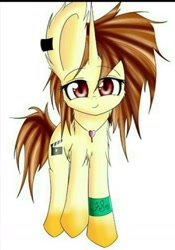 Size: 710x1016 | Tagged: safe, anonymous artist, oc, oc:psychicfiresong, pony, unicorn, brown mane, jewelry, leg band, male, necklace, red eyes, solo