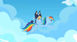 Size: 1980x1080 | Tagged: safe, artist:andrew_wolf, rainbow dash, dog, pegasus, pony, semi-anthro, g4, australian cattle dog, bluey, bluey heeler, crossover, duo, female, flying, mare, riding, riding a pony