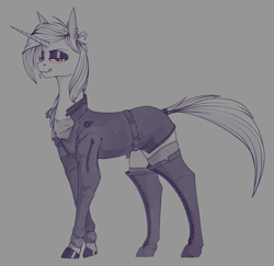 Size: 1900x1850 | Tagged: safe, artist:stray prey, oc, oc only, oc:acidia, pony, unicorn, belt, boots, clothes, ear piercing, jacket, licking, licking lips, piercing, shoes, solo, tongue out