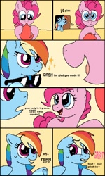 Size: 1157x1932 | Tagged: safe, artist:doodlesinky, part of a set, pinkie pie, rainbow dash, earth pony, pegasus, pony, fanfic:cupcakes, g4, balloon, blowing up balloons, comic, door, duo, duo female, female, inflating, lightly watermarked, mare, sparkles, sunglasses, watermark
