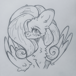 Size: 960x960 | Tagged: safe, artist:starkey, fluttershy, pegasus, pony, g4, chest fluff, ear fluff, fluffy, smiling, solo, traditional art