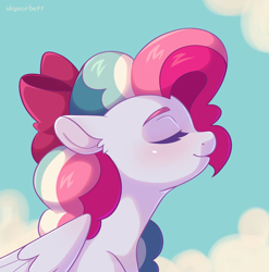 Size: 1648x1670 | Tagged: safe, artist:skysorbett, oc, oc only, oc:sky sorbet, pegasus, pony, bow, bust, cloud, curly hair, curly mane, eyes closed, female, hair bow, mare, multicolored hair, pegasus oc, portrait, smiling, solo, wings