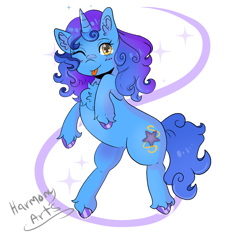 Size: 1692x1579 | Tagged: safe, artist:harmony arts, oc, oc only, oc:nighttime wishes, pony, unicorn, chest fluff, female, mare, one eye closed, simple background, solo, tongue out, white background, wink