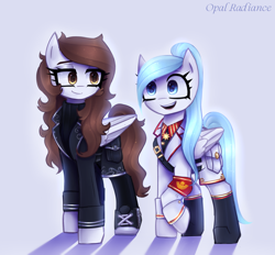 Size: 2520x2337 | Tagged: safe, artist:opal_radiance, oc, oc only, oc:melancholy, oc:opal rosamond, pegasus, pony, equestria at war mod, black, boots, clothes, duo, duo female, eyebrows, female, folded wings, high res, mare, military, open mouth, open smile, pax solaris, pegasus oc, raised hoof, shadow, shoes, signature, simple background, smiling, solar empire, uniform, white, white background, wings