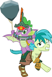Size: 1702x2504 | Tagged: safe, artist:sketchmcreations, sandbar, spike, tom, dragon, pony, robot, g4, clothes, construct, cosplay, costume, duo, link, looking at each other, looking at someone, mask, running, scared, simple background, stick, teenager, the legend of zelda, the legend of zelda: tears of the kingdom, this will end in pain, transparent background, tree branch, vector, winged spike, wings