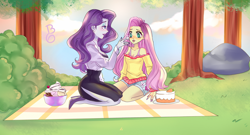Size: 1216x657 | Tagged: safe, artist:blackcatnyaa, fluttershy, rarity, human, equestria girls, g4, cake, commission, date, duo, duo female, female, food, ice cream, kneeling, lesbian, picnic, picnic blanket, ship:flarity, shipping