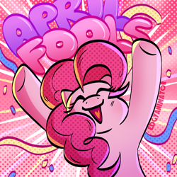 Size: 2000x2000 | Tagged: safe, artist:edgyanimator, derpibooru exclusive, pinkie pie, earth pony, pony, g4, april fools, big smile, confetti, cute, diapinkes, eye clipping through hair, eyelashes, eyes closed, happy, high res, open mouth, open smile, party, pink, pink coat, pink fur, pink hair, pink mane, raised hooves, simple shading, smiling, solo, tail