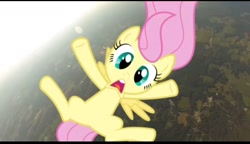 Size: 1080x624 | Tagged: safe, edit, fluttershy, pegasus, pony, g4, falling, female, filly, foal, photo, sky