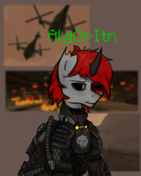 Size: 1800x2250 | Tagged: safe, artist:ashel_aras, oc, oc only, oc:thacker, pony, unicorn, armor, armored pony, blood, fallout, pictures, simple background, solo, stalcraft