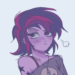 Size: 783x783 | Tagged: safe, artist:dulcesilly, twilight sparkle, human, equestria girls, g4, alternate hairstyle, blushing, breath, crossed arms, ear piercing, earring, eyebrow piercing, grumpy, jewelry, looking at you, piercing, shoulderless, solo, unamused