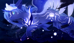 Size: 2508x1469 | Tagged: safe, artist:koricg, oc, oc:rerum, alicorn, pony, blue eyes, blue mane, crown, digital art, feather, female, flowing mane, flowing tail, flying, glowing, grayscale, horn, jewelry, looking at you, mare, night, peytral, regalia, sky, smiling, smiling at you, solo, spread wings, stars, tail, wings