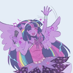 Size: 1800x1800 | Tagged: safe, artist:dulcesilly, twilight sparkle, equestria girls, g4, my little pony equestria girls: rainbow rocks, eyes closed, happy, microphone, music notes, open mouth, open smile, smiling, solo, waving