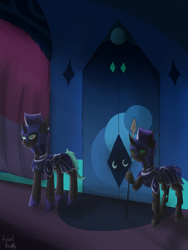 Size: 3375x4500 | Tagged: safe, artist:ashel_aras, oc, oc only, bat pony, changeling, pony, changeling oc, duo, guard, guards, moonlight, night, spear, weapon