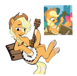 Size: 1707x1673 | Tagged: safe, artist:peachybats, applejack, earth pony, pony, g4, applejack's hat, banjo, cowboy hat, hat, musical instrument, screencap reference, simple background, white background