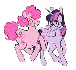 Size: 1617x1484 | Tagged: safe, artist:peachybats, pinkie pie, twilight sparkle, alicorn, earth pony, pony, g4, glasses, simple background, twilight sparkle (alicorn), white background