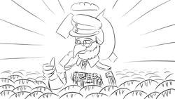 Size: 1920x1080 | Tagged: safe, artist:truffle shine, oc, oc only, oc:asper sickleclaw, griffon, equestria at war mod, beard, bread, cap, clothes, communism, facial hair, food, glasses, hammer and sickle, hat, medal, sketch, solo, thumbs up, uniform