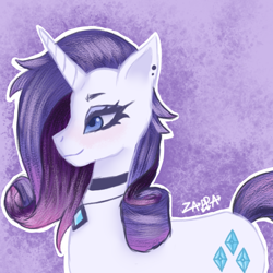 Size: 1000x1000 | Tagged: safe, artist:stankzappa, rarity, pony, unicorn, g4, blue eyes, blue mane, blushing, digital art, eyelashes, eyeshadow, female, gem, goth, horn, jewelry, lidded eyes, makeup, mare, necklace, pink background, signature, simple background, smiling, solo