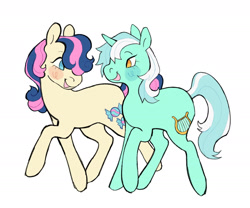 Size: 1646x1372 | Tagged: safe, artist:peachybats, bon bon, lyra heartstrings, sweetie drops, earth pony, pony, unicorn, g4, adorabon, blushing, cute, duo, female, lesbian, looking at each other, looking at someone, lyrabetes, mare, ship:lyrabon, shipping, simple background, walking, white background