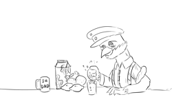 Size: 1920x1080 | Tagged: safe, artist:truffle shine, oc, oc only, oc:asper sickleclaw, griffon, equestria at war mod, beard, cap, cup, facial hair, food, glass, hat, lemon, orange, sketch, solo