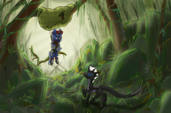 Size: 2920x1922 | Tagged: safe, artist:ashel_aras, artist:kirieshka, oc, oc only, changeling, pony, unicorn, zebra, anticipation, bad end, bait, changeling oc, clothes, collaboration, doubt, duo, failure, forest, forest background, hunter, male, parachute, plants, pleased, predator, smiling, smirk, spider web, trap (device), zebra oc