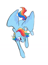 Size: 1048x1423 | Tagged: safe, artist:peachybats, rainbow dash, pegasus, pony, g4, eyebrows, female, flying, mare, one eye closed, open mouth, open smile, simple background, smiling, solo, spread wings, white background, wings