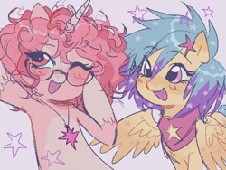 Size: 1024x768 | Tagged: safe, artist:dulcesilly, oc, oc only, pegasus, pony, unicorn, blushing, duo, glasses, happy, jewelry, neckerchief, necklace, open mouth, open smile, pendant, smiling, spread wings, wings