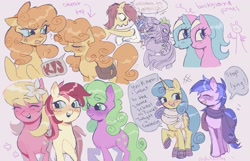 Size: 2800x1800 | Tagged: safe, artist:dulcesilly, aloe, carrot top, daisy, flower wishes, golden harvest, lemon hearts, lily, lily valley, lotus blossom, roseluck, sea swirl, seafoam, spike, twilight sparkle, dragon, earth pony, pony, unicorn, g4, bouquet, clothes, dialogue, eyes closed, female, flower, flower in hair, flower trio, mare, scarf, smiling, spa twins