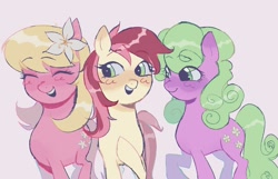Size: 1608x1034 | Tagged: safe, artist:dulcesilly, daisy, flower wishes, lily, lily valley, roseluck, earth pony, pony, g4, eyes closed, flower, flower in hair, flower trio, happy, open mouth, open smile, smiling, trio