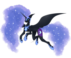 Size: 1700x1390 | Tagged: safe, artist:via2211, nightmare moon, alicorn, pony, g4, blue eyes, blue mane, blue tail, digital art, ethereal mane, ethereal tail, eyelashes, eyeshadow, fangs, female, flowing mane, flowing tail, flying, helmet, hoof shoes, horn, long horn, looking at you, makeup, mare, peytral, simple background, smiling, smiling at you, solo, spread wings, starry mane, starry tail, tail, transparent background, wings