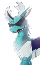 Size: 620x1000 | Tagged: safe, artist:paintedsnek, oc, oc only, changedling, changeling, fanfic:the side character is a deer, antlers, armor, fanfic art, menacing, solo