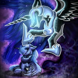 Size: 1280x1280 | Tagged: safe, artist:angelwingsmlpfim, nightmare moon, princess luna, alicorn, pony, g4, abstract background, blank eyes, blue mane, colored pupils, crying, digital art, ethereal mane, evil grin, eyelashes, eyes closed, fangs, feather, female, flowing mane, folded wings, glowing, grin, helmet, hoof shoes, horn, mare, night, nightmare, open mouth, peytral, s1 luna, sad, signature, sitting, smiling, solo, sparkles, spread wings, starry mane, stars, teeth, wings